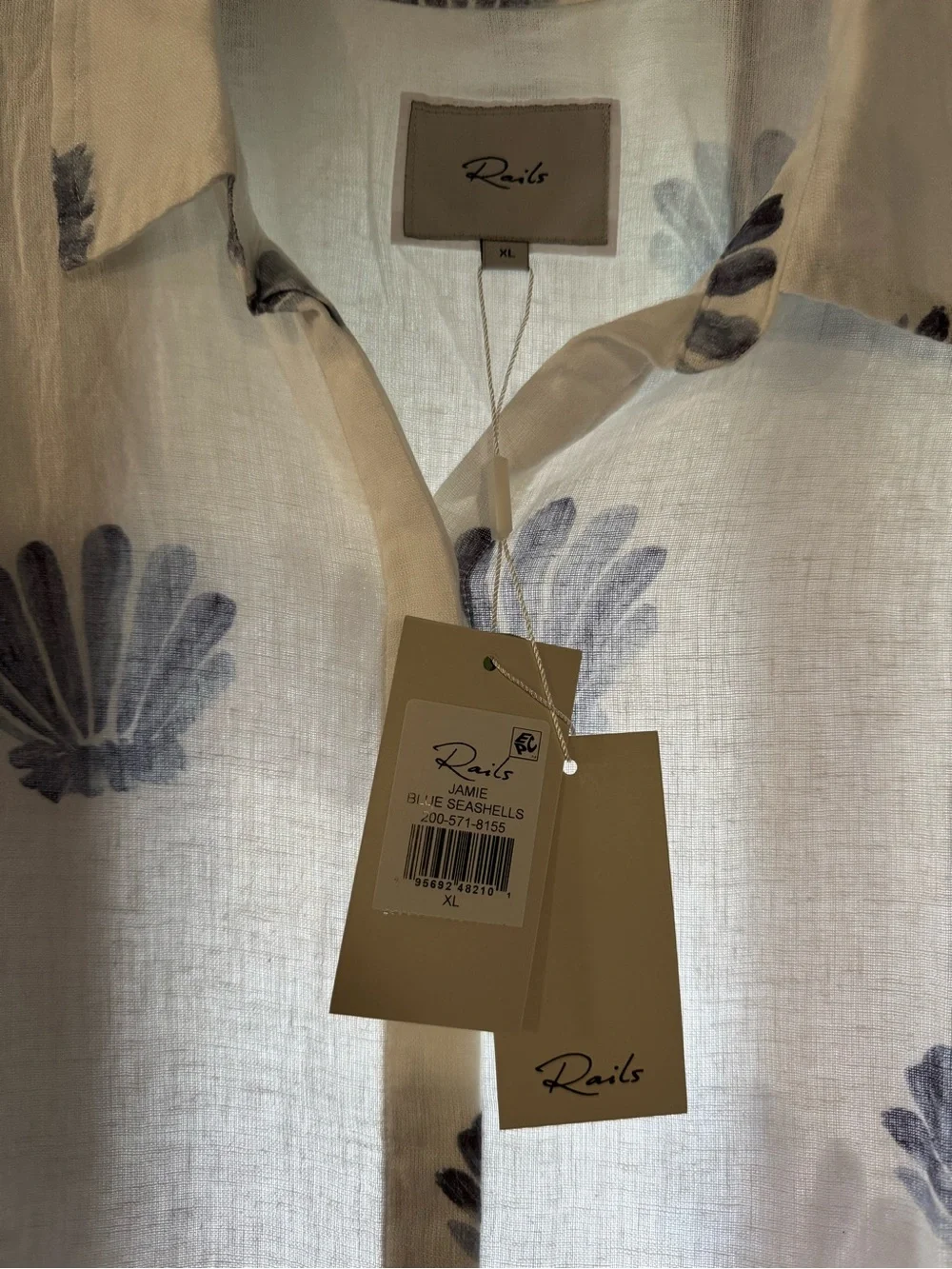 Rails White Linen Button-Down Shirt with Light Blue Shell Print